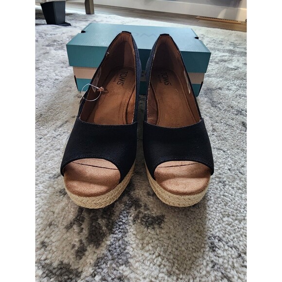 Toms Womens Rania Black Beige Peep Toe Slip-On Espadrille Sandals Size 8 w/ Tags - Picture 4 of 9